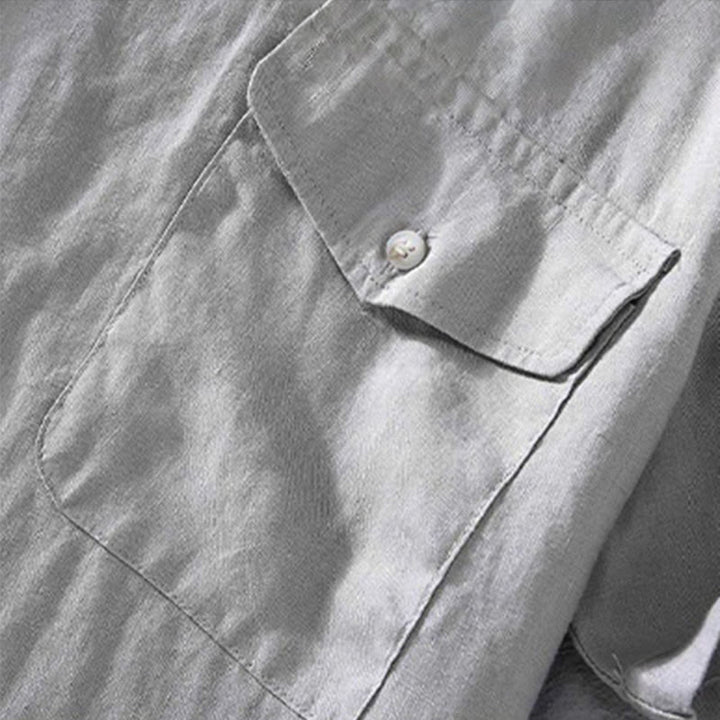 Chemise en lin à manches courtes et col ras du cou avec motif Buddha Stones et poche pour homme - image 6
