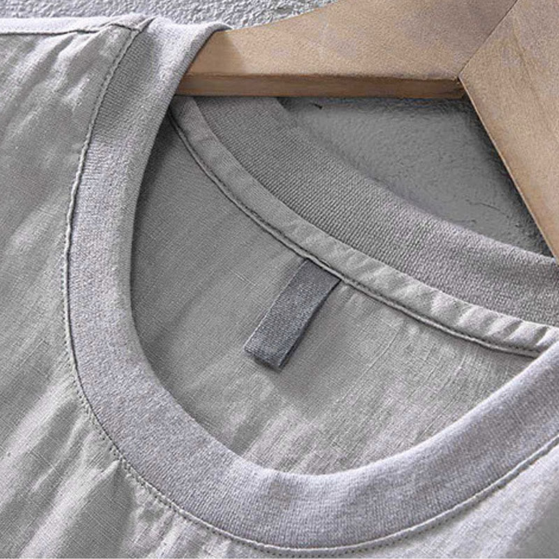 Chemise en lin à manches courtes et col ras du cou avec motif Buddha Stones et poche pour homme - image 3