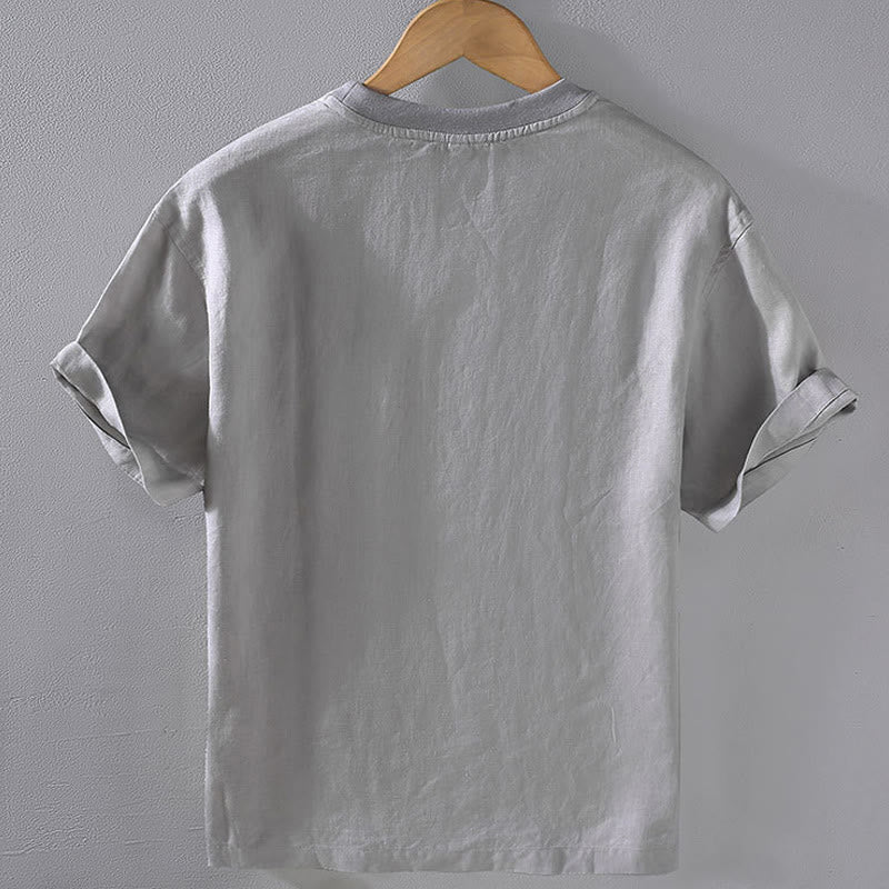 Chemise en lin à manches courtes et col ras du cou avec motif Buddha Stones et poche pour homme - image 1