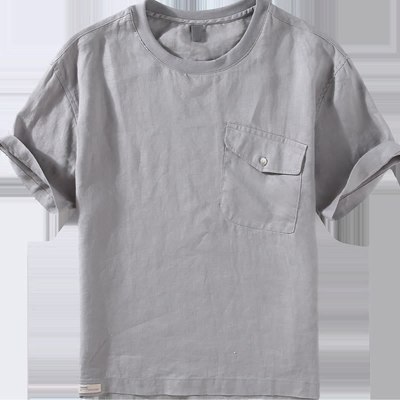 Chemise en lin à manches courtes et col ras du cou avec motif Buddha Stones et poche pour homme - image 2