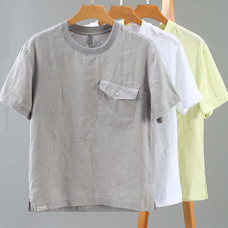 Chemise en lin à manches courtes et col ras du cou avec motif Buddha Stones et poche pour homme - image 13