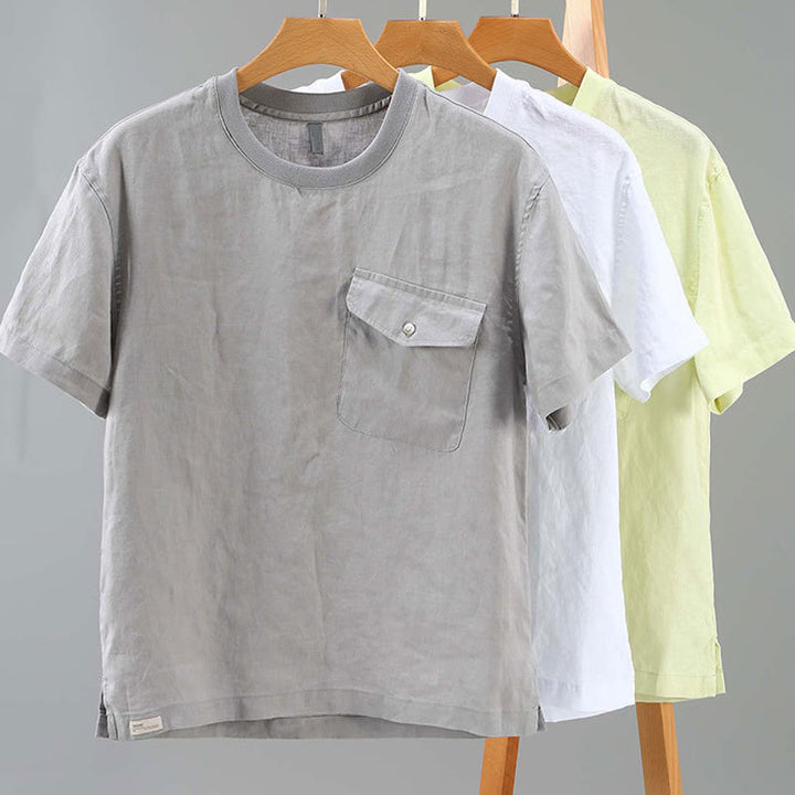 Chemise en lin à manches courtes et col ras du cou avec motif Buddha Stones et poche pour homme - image 13