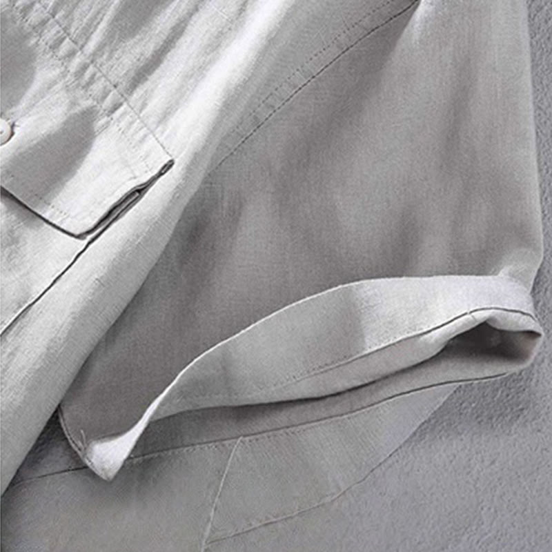 Chemise en lin à manches courtes et col ras du cou avec motif Buddha Stones et poche pour homme - image 9