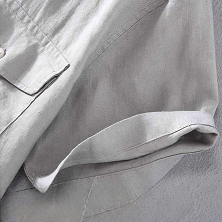 Chemise en lin à manches courtes et col ras du cou avec motif Buddha Stones et poche pour homme - image 9