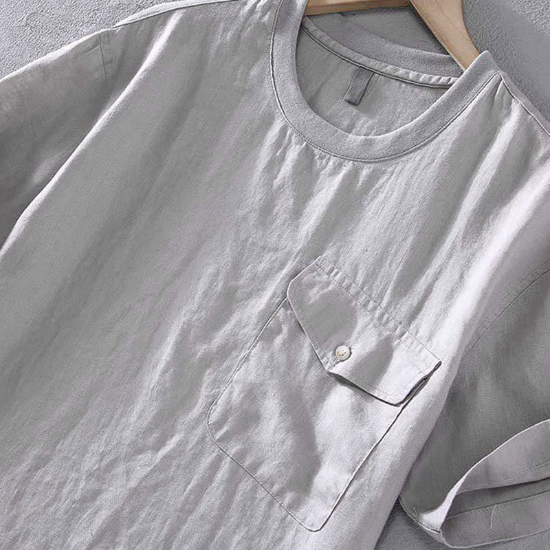 Chemise en lin à manches courtes et col ras du cou avec motif Buddha Stones et poche pour homme - image 5