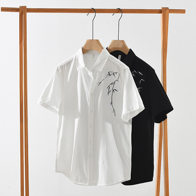 Chemise en coton à manches courtes pour homme, motif simple et artistique, broderie de Buddha Stones , motif bambou - image 14