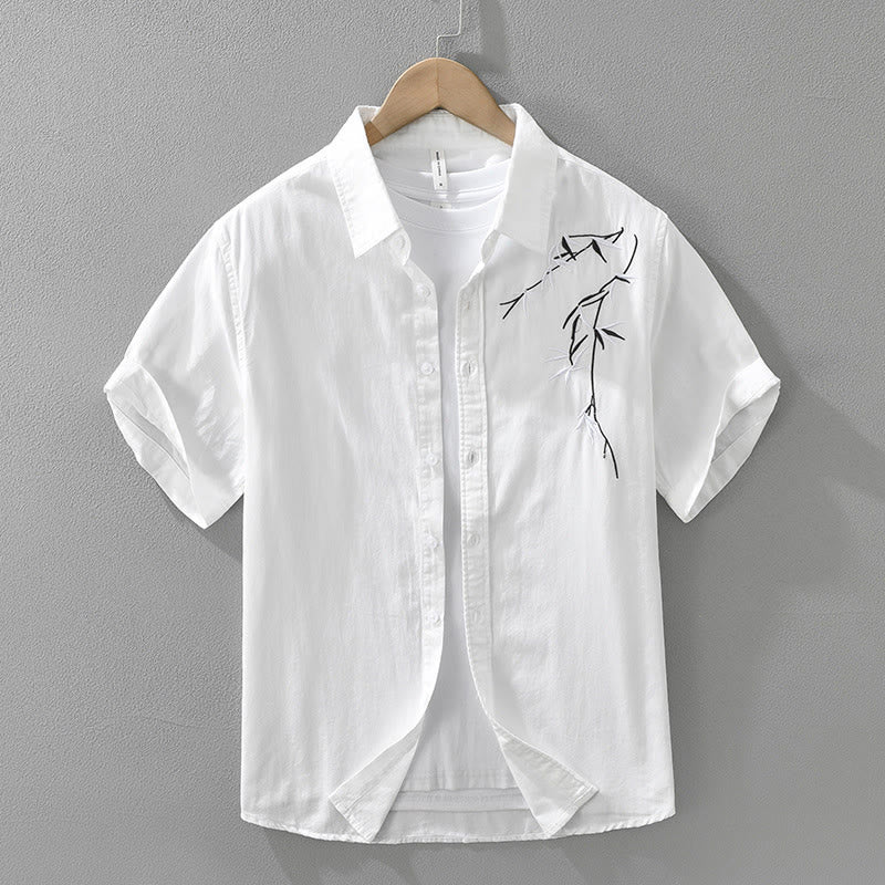 Chemise en coton à manches courtes pour homme, motif simple et artistique, broderie de Buddha Stones , motif bambou - Blanc - US/UK/AU42，EU52 (3XL) - image 1