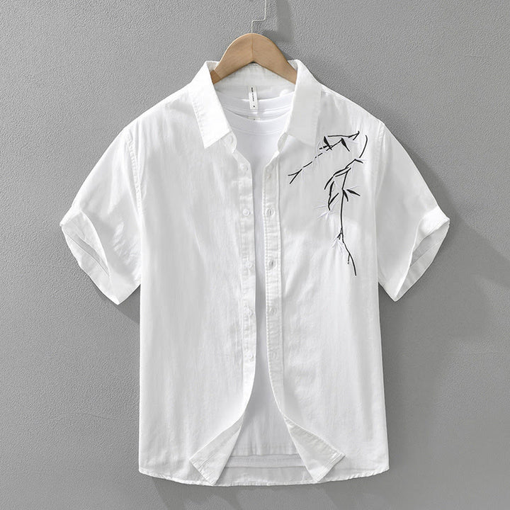 Chemise en coton à manches courtes pour homme, motif simple et artistique, broderie de Buddha Stones , motif bambou - Blanc - US/UK/AU42，EU52 (3XL) - image 1