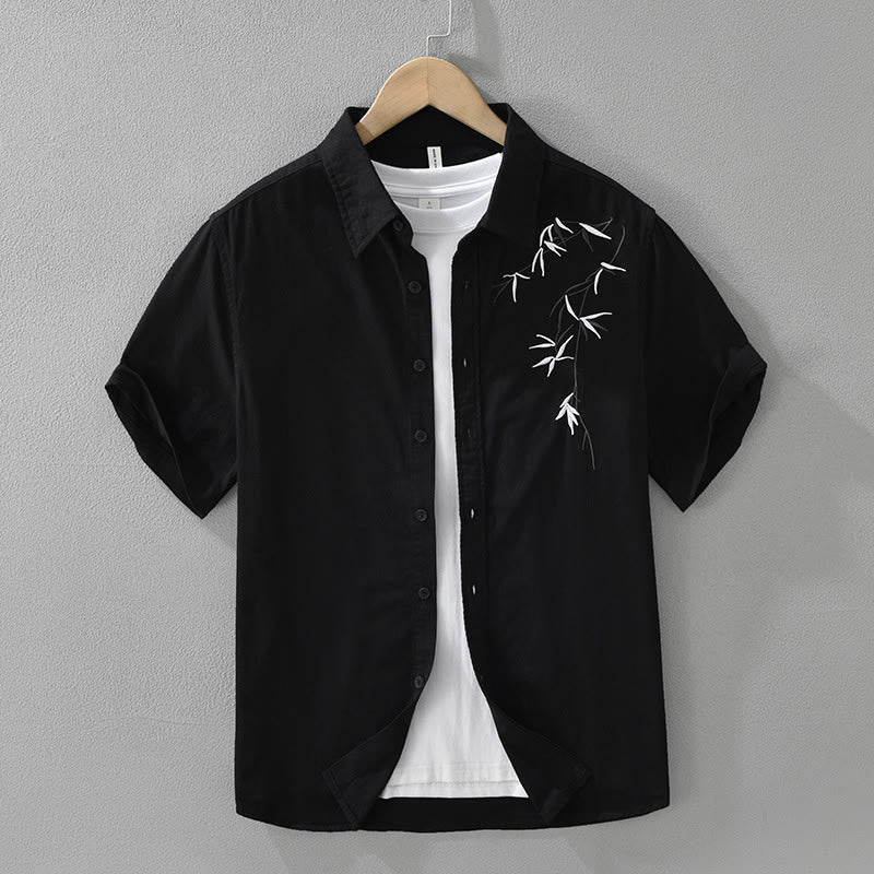 Chemise en coton à manches courtes pour homme, motif simple et artistique, broderie de Buddha Stones , motif bambou - Noir - US/UK/AU42，EU52 (3XL) - image 0