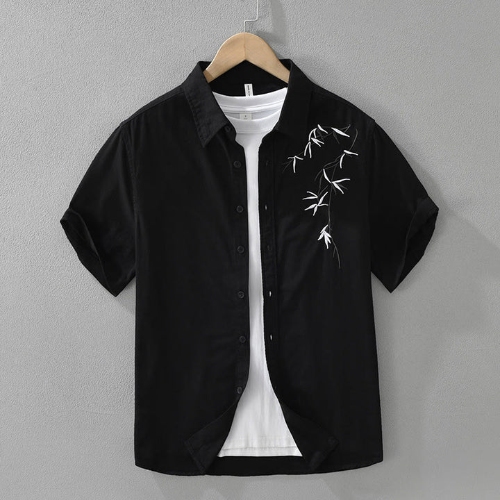 Chemise en coton à manches courtes pour homme, motif simple et artistique, broderie de Buddha Stones , motif bambou - Noir - US/UK/AU42，EU52 (3XL) - image 0