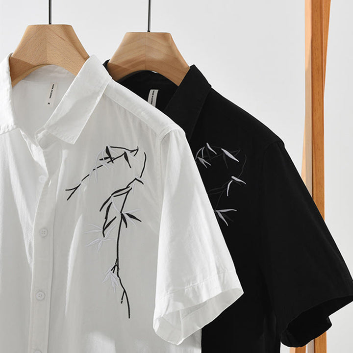 Chemise en coton à manches courtes pour homme, motif simple et artistique, broderie de Buddha Stones , motif bambou - image 15