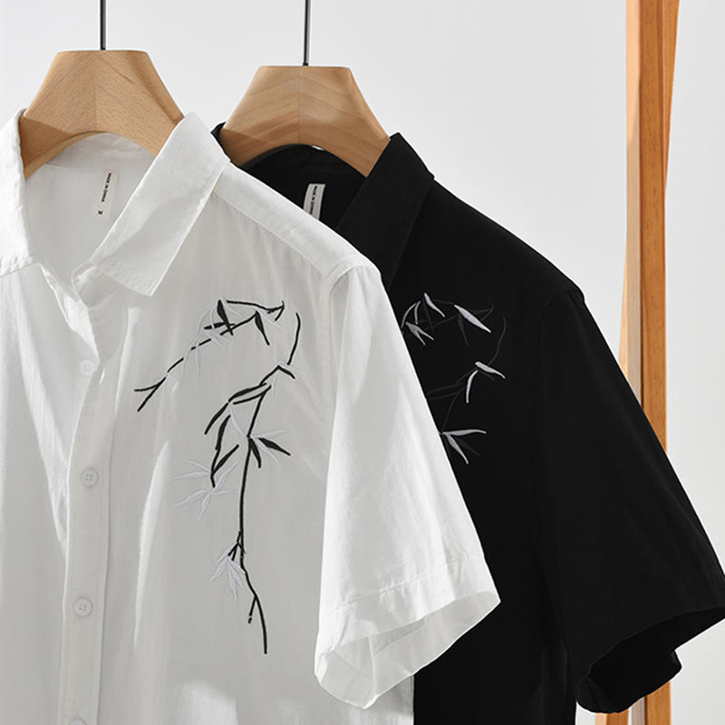 Chemise en coton à manches courtes pour homme, motif simple et artistique, broderie de Buddha Stones , motif bambou - image 16