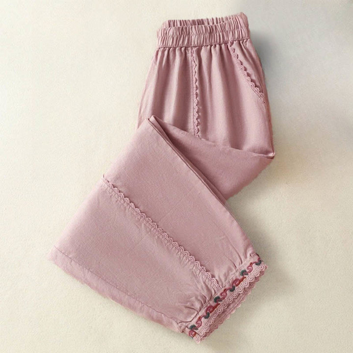 Pantalon sarouel décontracté en coton et lin avec poches pour femme, longueur 7-8, motif Buddha Stones, uni, en dentelle sur les côtés