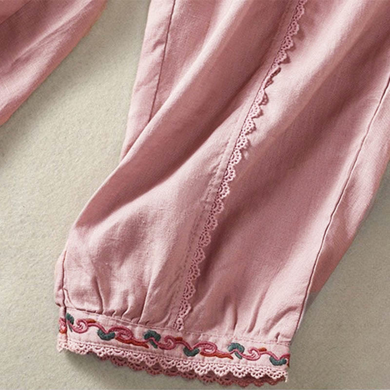 Pantalon sarouel décontracté en coton et lin avec poches pour femme, longueur 7-8, motif Buddha Stones, uni, en dentelle sur les côtés