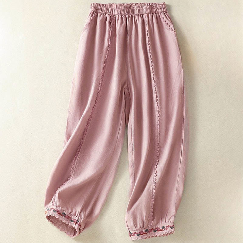 Pantalon sarouel décontracté en coton et lin avec poches pour femme, longueur 7-8, motif Buddha Stones, uni, en dentelle sur les côtés