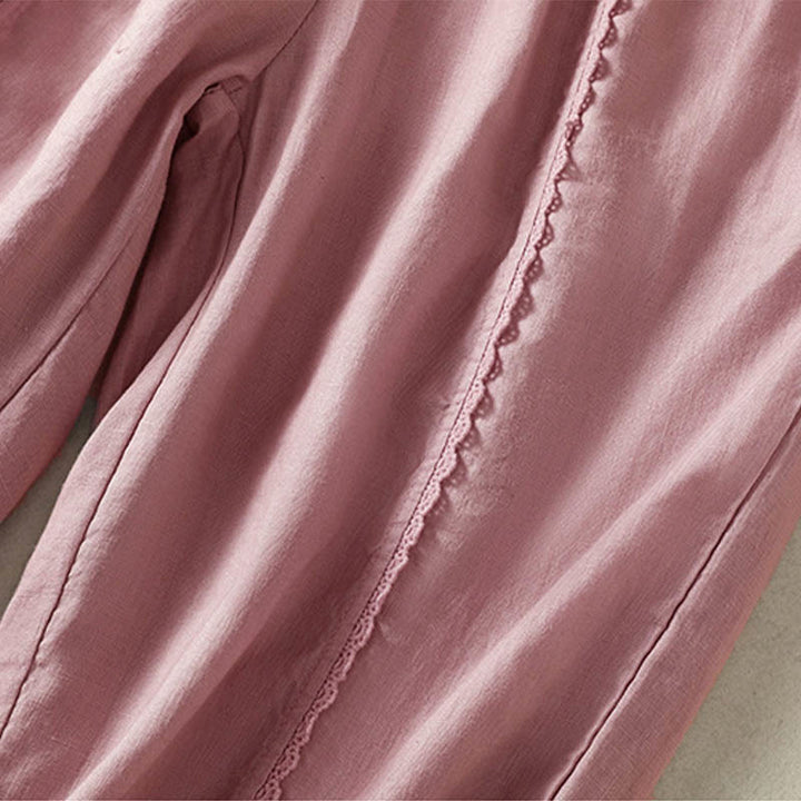 Pantalon sarouel décontracté en coton et lin avec poches pour femme, longueur 7-8, motif Buddha Stones, uni, en dentelle sur les côtés