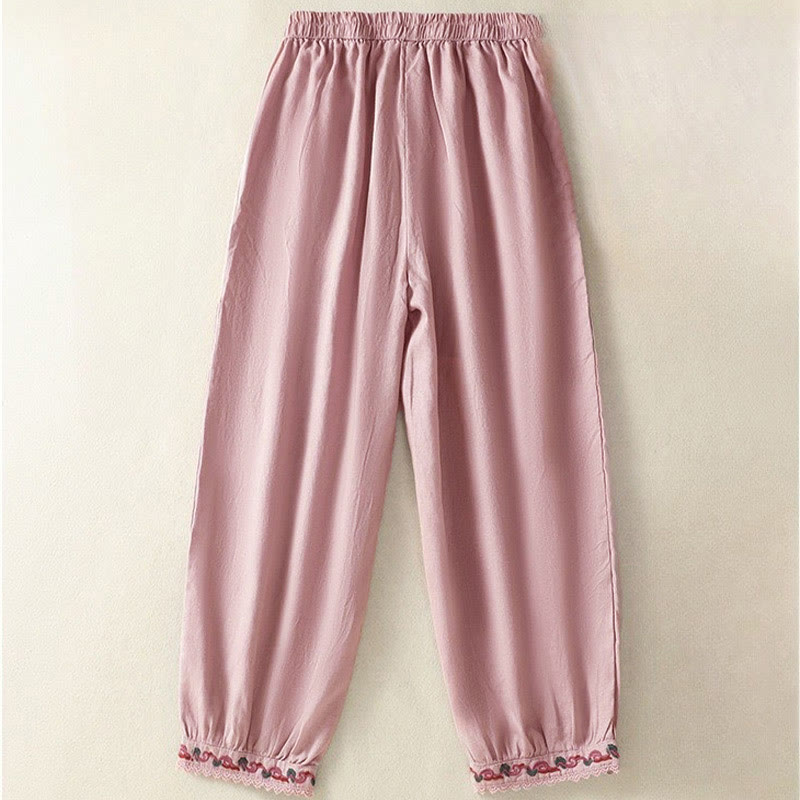 Pantalon sarouel décontracté en coton et lin avec poches pour femme, longueur 7-8, motif Buddha Stones, uni, en dentelle sur les côtés