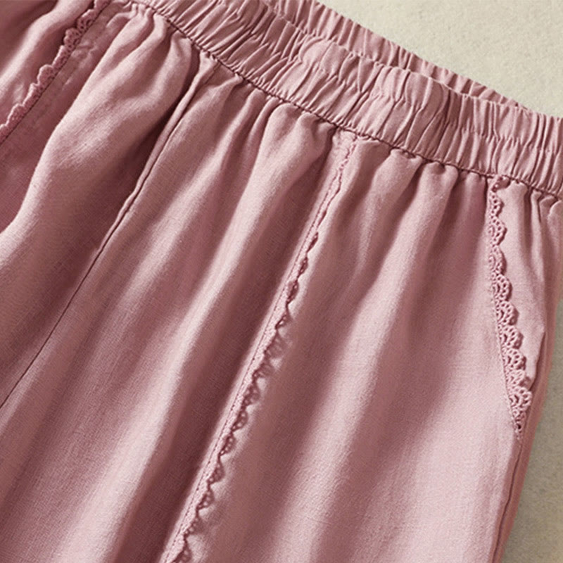 Pantalon sarouel décontracté en coton et lin avec poches pour femme, longueur 7-8, motif Buddha Stones, uni, en dentelle sur les côtés