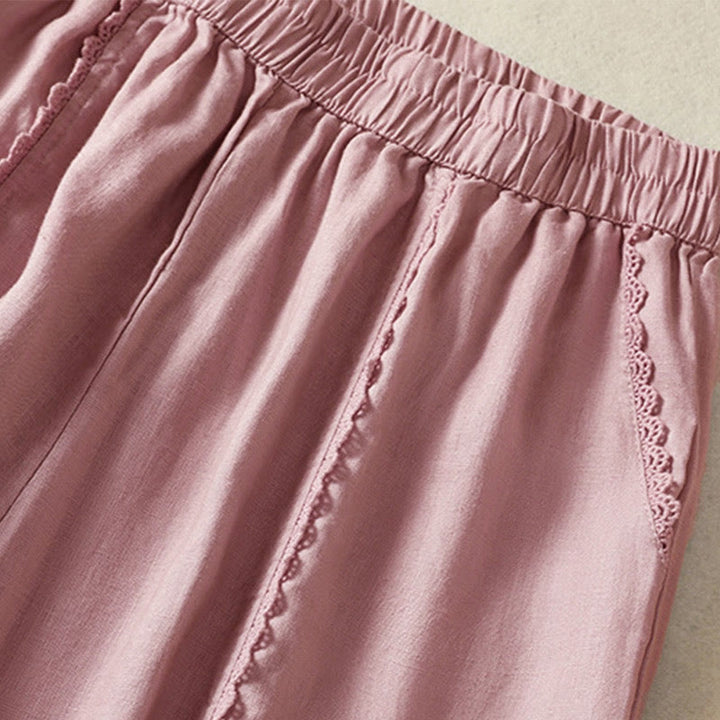 Pantalon sarouel décontracté en coton et lin avec poches pour femme, longueur 7-8, motif Buddha Stones, uni, en dentelle sur les côtés