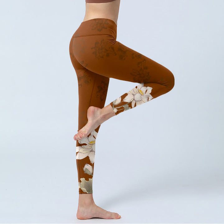 Leggings de sport à imprimé fleurs de lotus marron et blanc Buddha Stones pour femme, pantalon de yoga - image 3