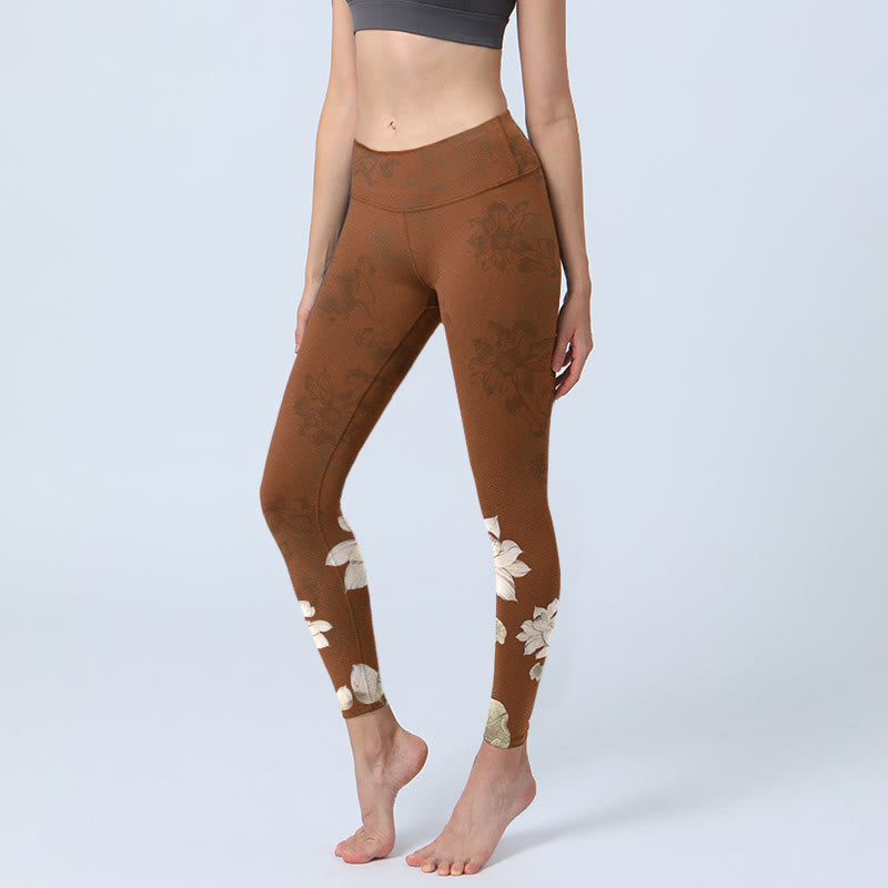 Leggings de sport à imprimé fleurs de lotus marron et blanc Buddha Stones pour femme, pantalon de yoga - SaddleBrown - US18，UK/AU22，EU50 (4XL) - image 0
