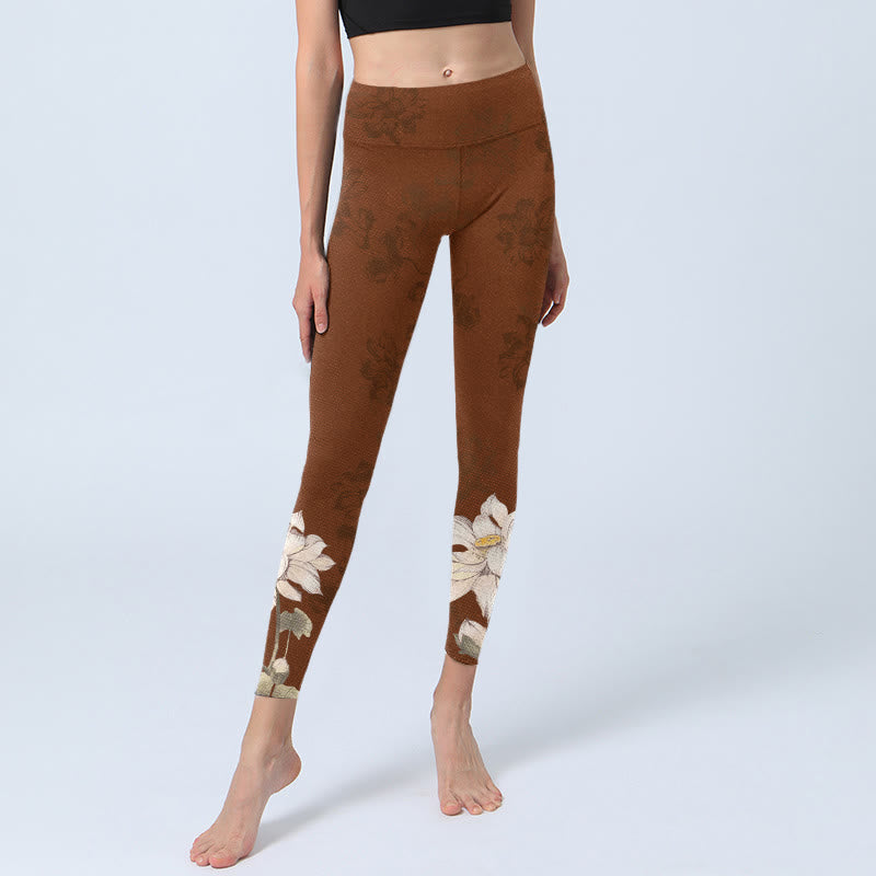 Leggings de sport à imprimé fleurs de lotus marron et blanc Buddha Stones pour femme, pantalon de yoga - image 5