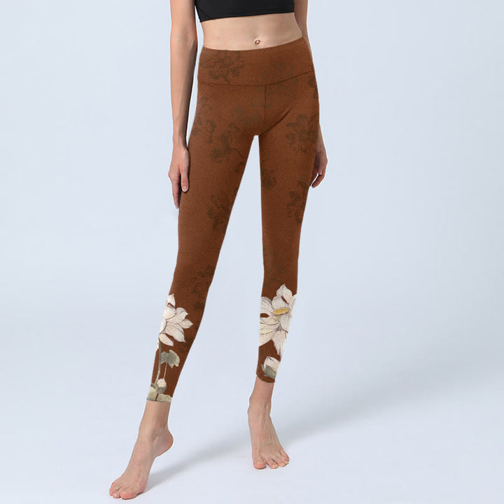 Leggings de sport à imprimé fleurs de lotus marron et blanc Buddha Stones pour femme, pantalon de yoga - image 5