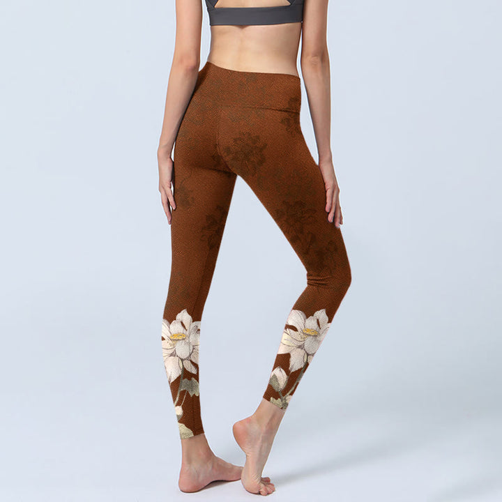 Leggings de sport à imprimé fleurs de lotus marron et blanc Buddha Stones pour femme, pantalon de yoga - image 4