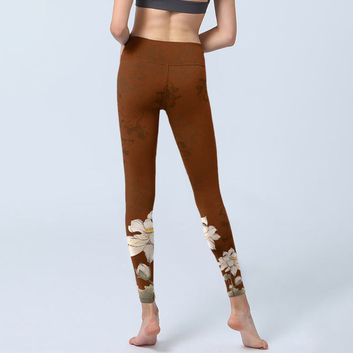 Leggings de sport à imprimé fleurs de lotus marron et blanc Buddha Stones pour femme, pantalon de yoga - image 7