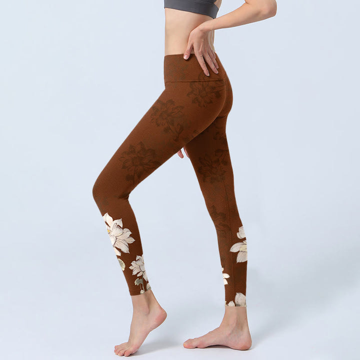 Leggings de sport à imprimé fleurs de lotus marron et blanc Buddha Stones pour femme, pantalon de yoga - image 2