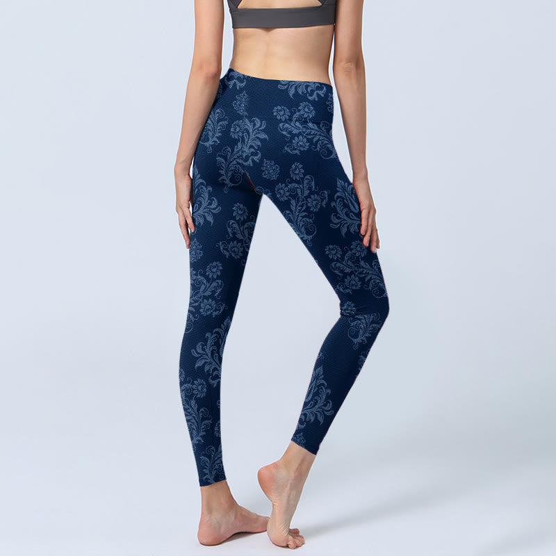 Leggings de sport à imprimé floral et feuilles bleu Buddha Stones pour femme, pantalon de yoga - image 4