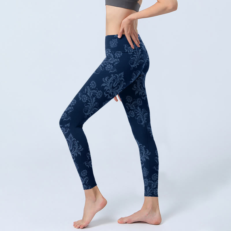 Leggings de sport à imprimé floral et feuilles bleu Buddha Stones pour femme, pantalon de yoga - image 3