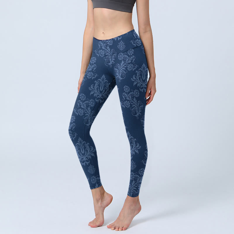 Leggings de sport à imprimé floral et feuilles bleu Buddha Stones pour femme, pantalon de yoga - SteelBlue - US18，UK/AU22，EU50 (4XL) - image 0