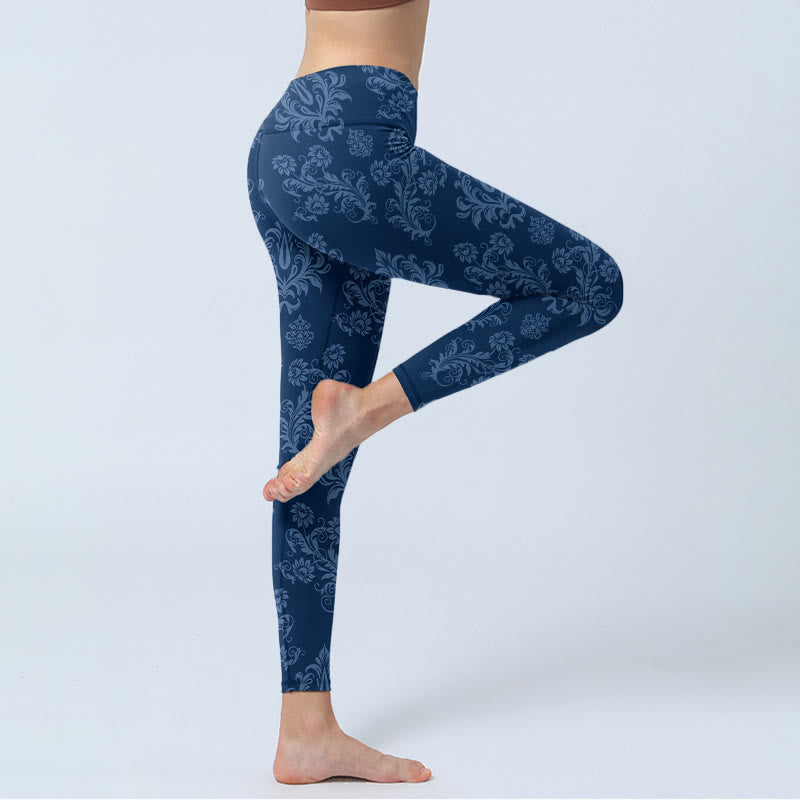 Leggings de sport à imprimé floral et feuilles bleu Buddha Stones pour femme, pantalon de yoga - image 4