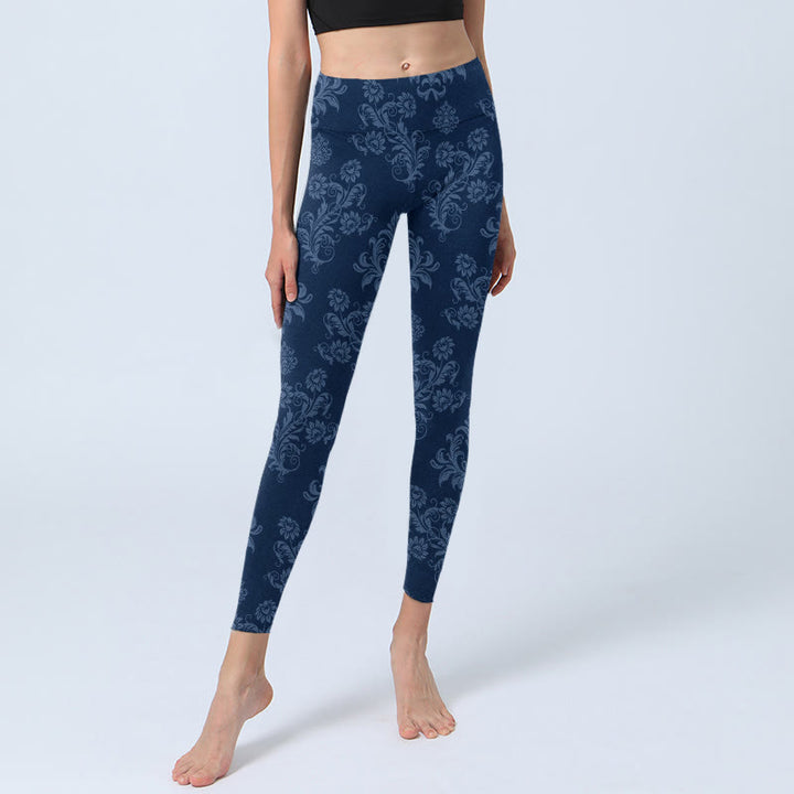 Leggings de sport à imprimé floral et feuilles bleu Buddha Stones pour femme, pantalon de yoga - image 5