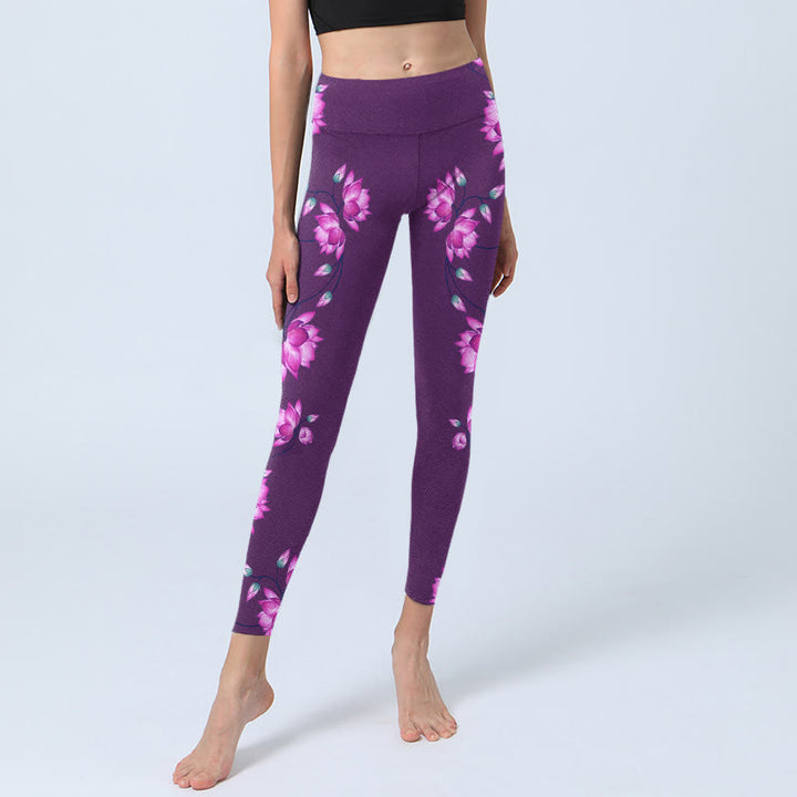 Leggings de sport à imprimé fleurs de lotus violet et rose Buddha Stones pour femmes, pantalons de yoga - image 5