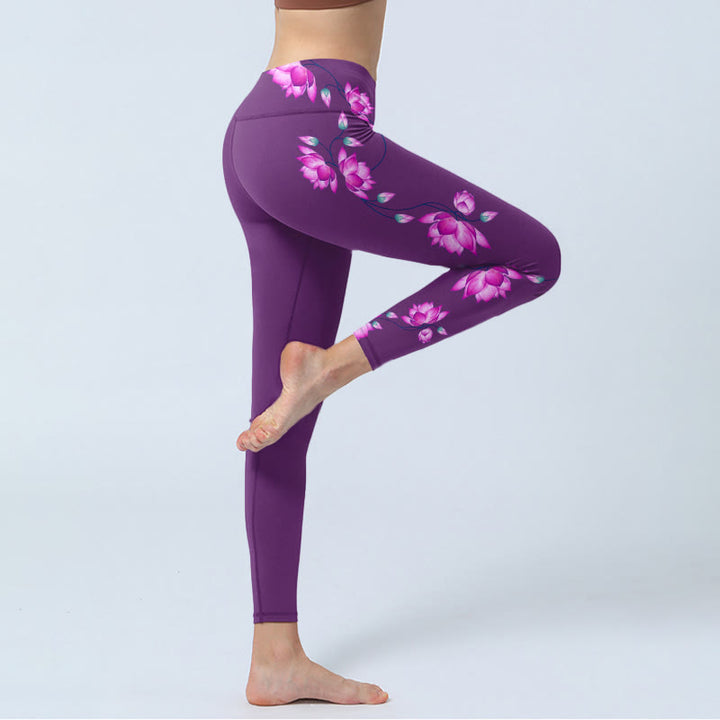 Leggings de sport à imprimé fleurs de lotus violet et rose Buddha Stones pour femmes, pantalons de yoga - image 3