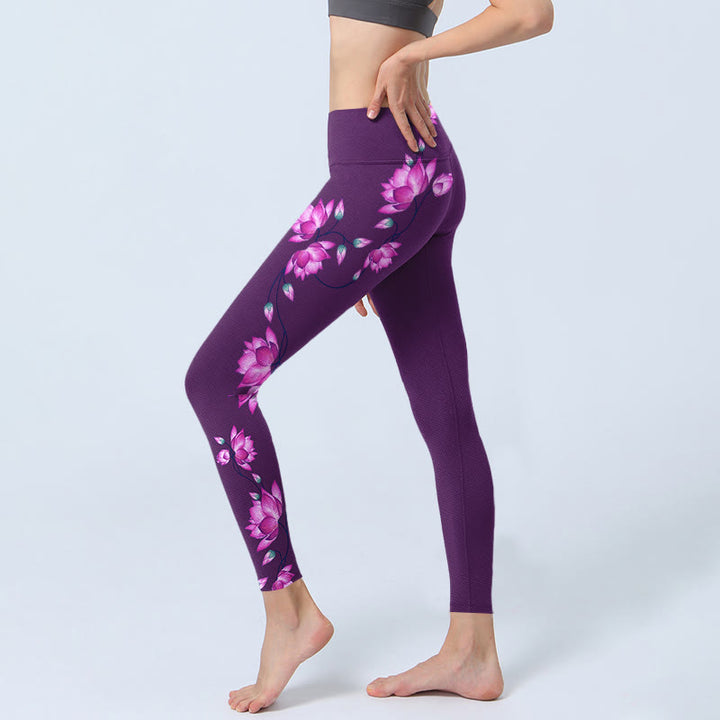 Leggings de sport à imprimé fleurs de lotus violet et rose Buddha Stones pour femmes, pantalons de yoga - image 3