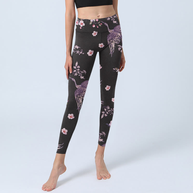Leggings de sport imprimés Buddha Stones , fleurs roses et grues volantes, pantalons de yoga pour femmes - image 6