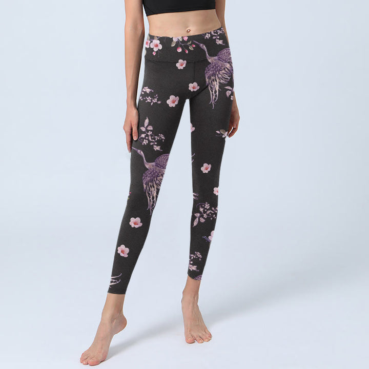 Leggings de sport imprimés Buddha Stones , fleurs roses et grues volantes, pantalons de yoga pour femmes - image 5