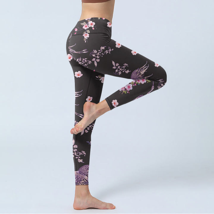 Leggings de sport imprimés Buddha Stones , fleurs roses et grues volantes, pantalons de yoga pour femmes - image 3