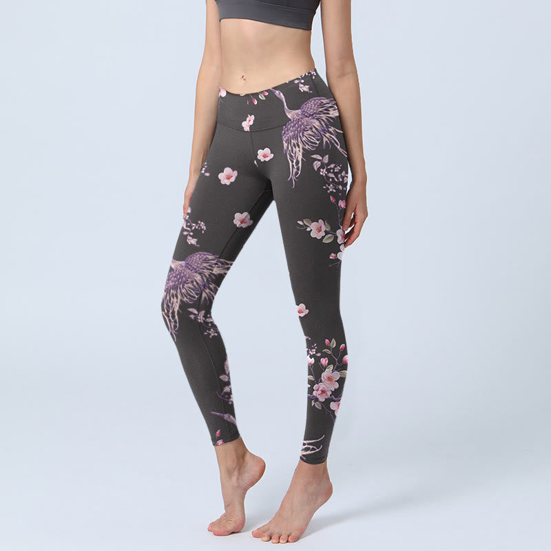 Leggings de sport imprimés Buddha Stones , fleurs roses et grues volantes, pantalons de yoga pour femmes - Noir - US18，UK/AU22，EU50 (4XL) - image 1