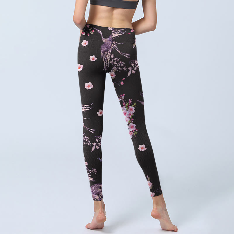 Leggings de sport imprimés Buddha Stones , fleurs roses et grues volantes, pantalons de yoga pour femmes - image 6
