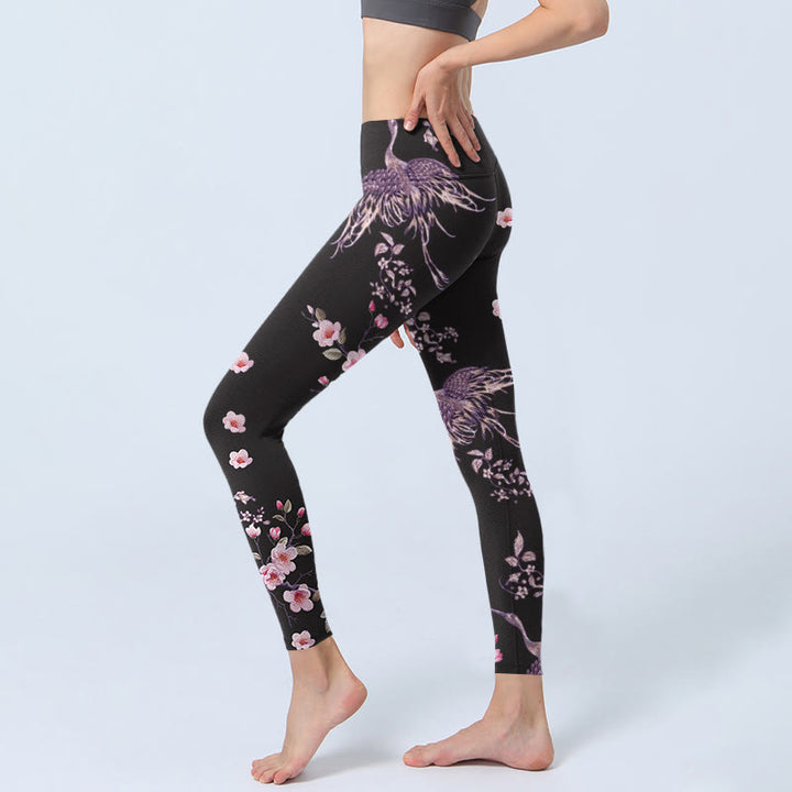 Leggings de sport imprimés Buddha Stones , fleurs roses et grues volantes, pantalons de yoga pour femmes - image 3