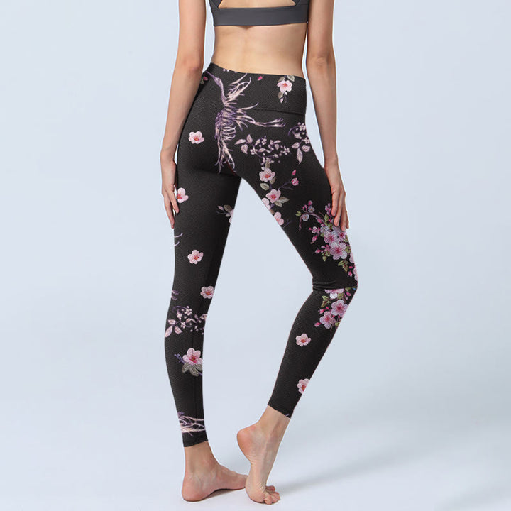 Leggings de sport imprimés Buddha Stones , fleurs roses et grues volantes, pantalons de yoga pour femmes - image 5