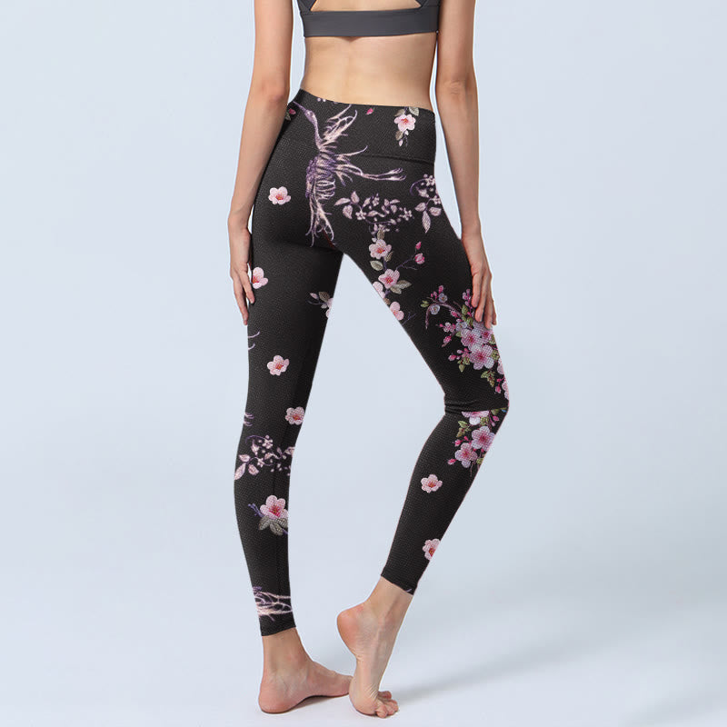 Leggings de sport imprimés Buddha Stones , fleurs roses et grues volantes, pantalons de yoga pour femmes - image 4