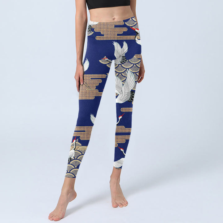 Leggings de sport imprimés Buddha Stones, grues à couronne rouge, nuages ​​de bon augure en forme d'éventail, pantalons de yoga pour femmes - image 6