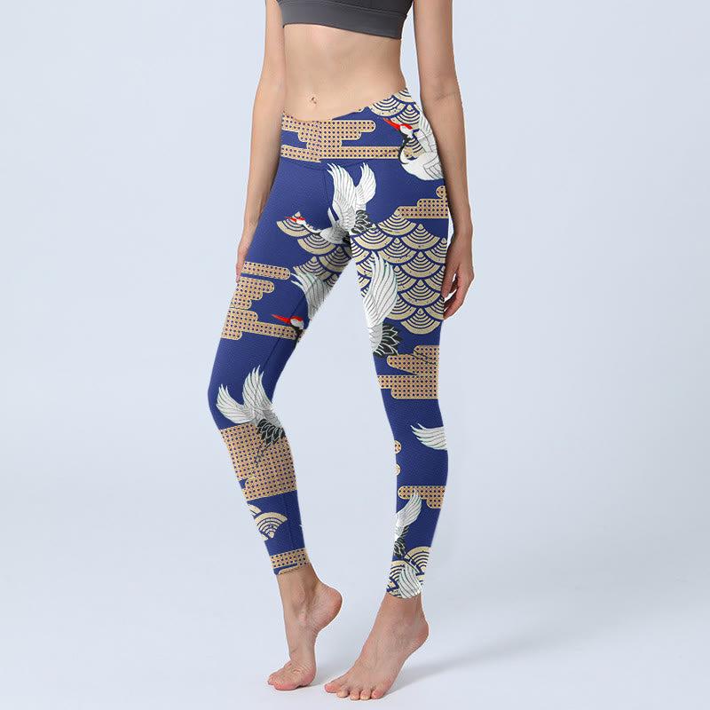 Leggings de sport imprimés Buddha Stones, grues à couronne rouge, nuages ​​de bon augure en forme d'éventail, pantalons de yoga pour femmes - Bleu royal - US18，UK/AU22，EU50 (4XL) - image 1