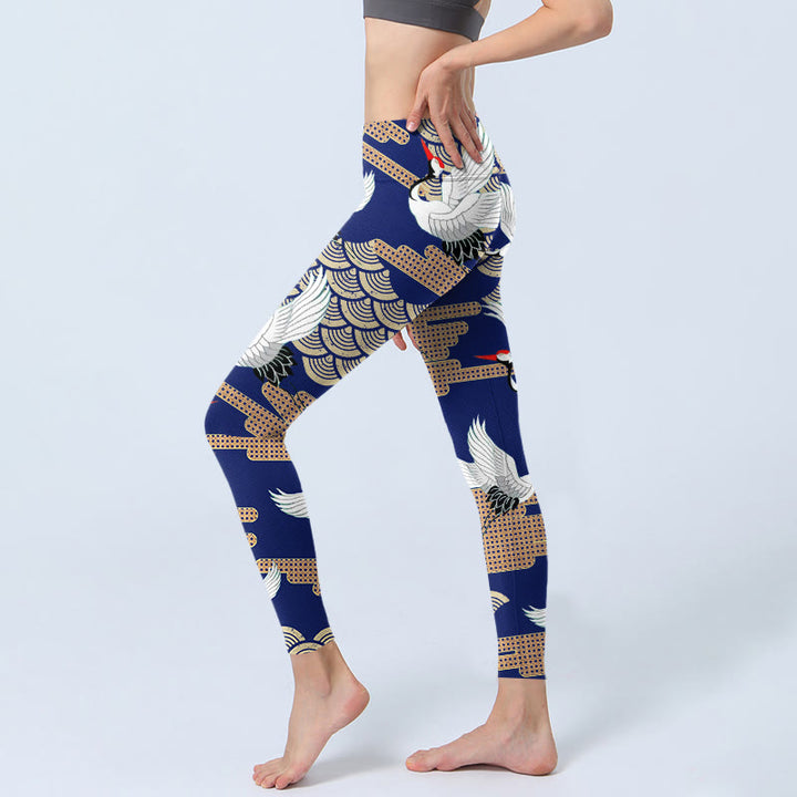 Leggings de sport imprimés Buddha Stones, grues à couronne rouge, nuages ​​de bon augure en forme d'éventail, pantalons de yoga pour femmes - image 3