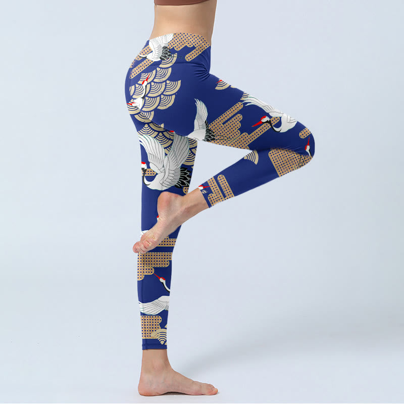 Leggings de sport imprimés Buddha Stones, grues à couronne rouge, nuages ​​de bon augure en forme d'éventail, pantalons de yoga pour femmes - image 3